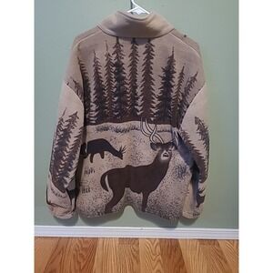 Vintage Fleece Sweater Women's XL Brown Deer Nature Forest Scene Allover Print